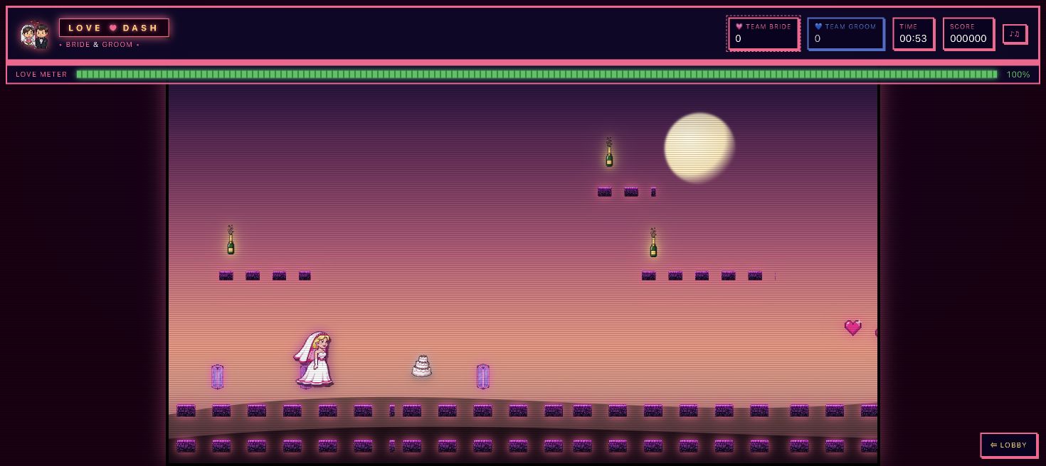 Wedding Dash side-scrolling game with a bride character, collectible wedding items and team labels