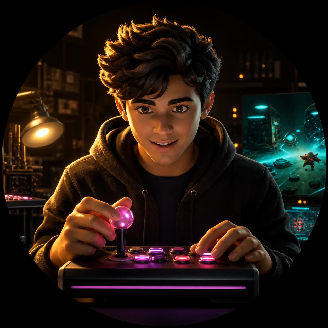 Illustrated portrait of Danny testing a custom arcade controller.