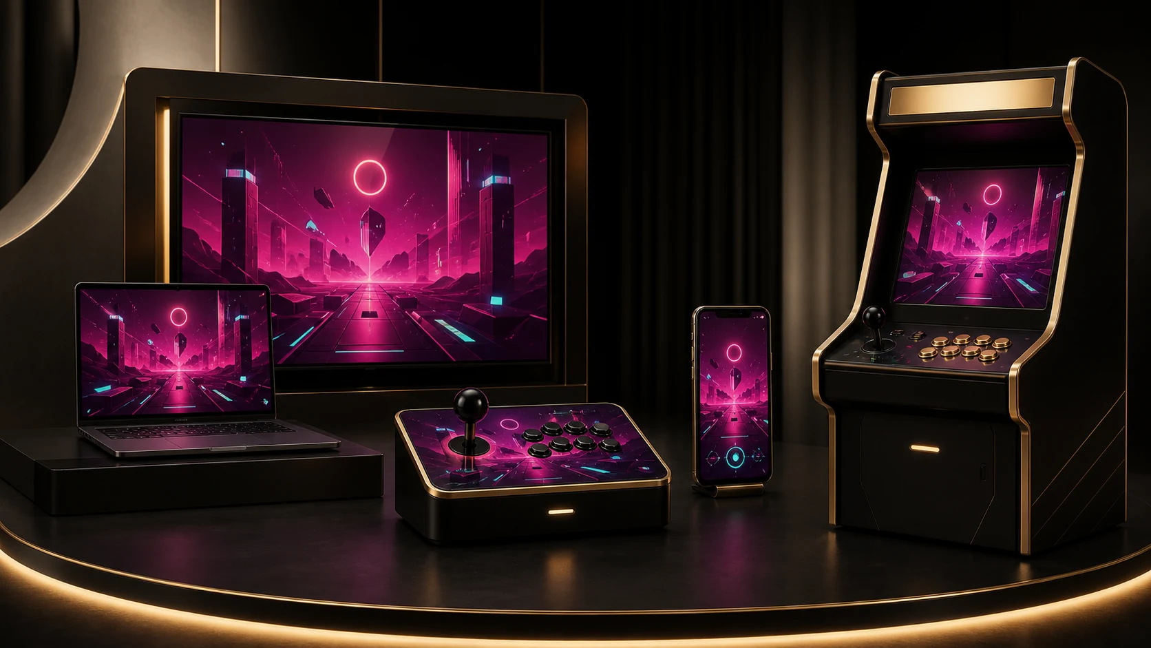 Concept visualization of a custom game moving from browser to mobile to arcade cabinet