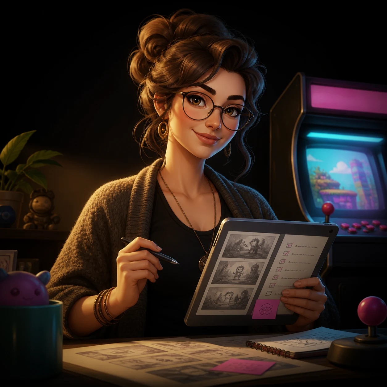 Illustrated portrait of Sara reviewing a game storyboard and launch checklist.